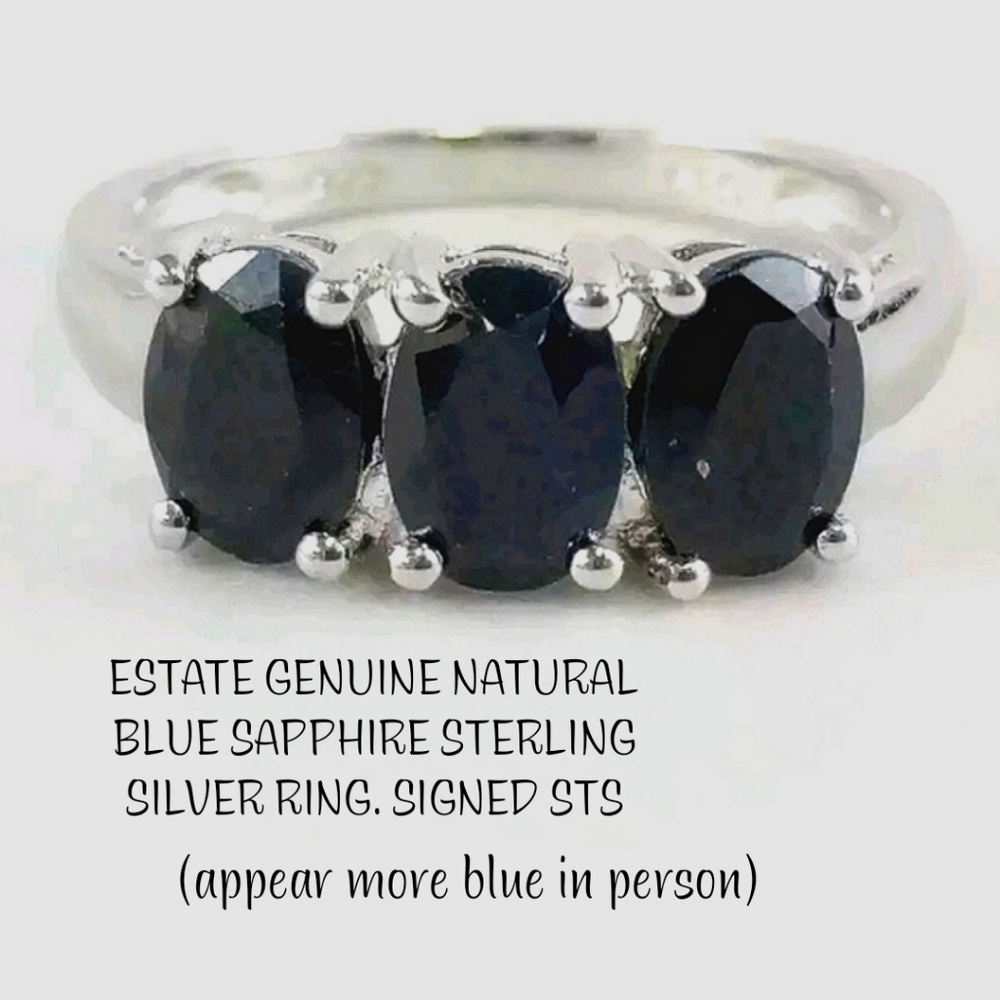 VINTAGE GENUINE NATURAL 3 sapphire .925 ring STERLING SILVER  STS